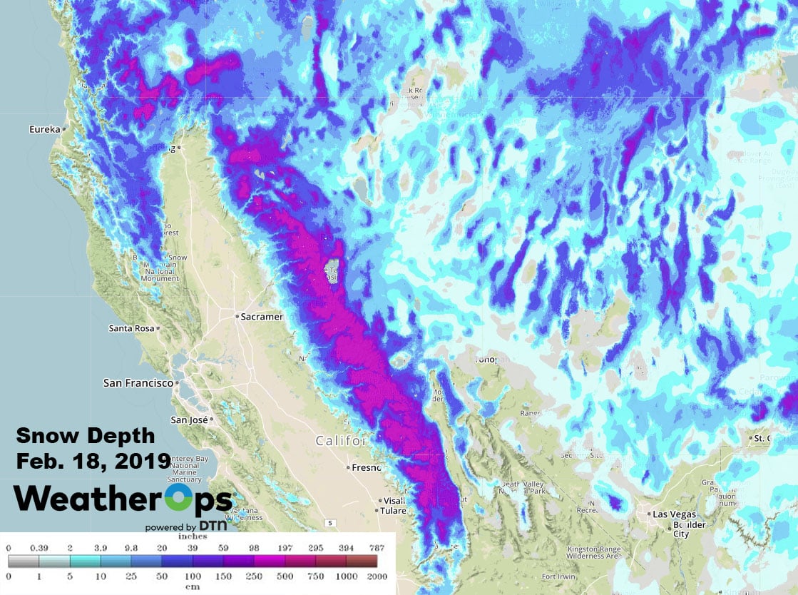 Snow Depth in California- Feb. 18, 2019