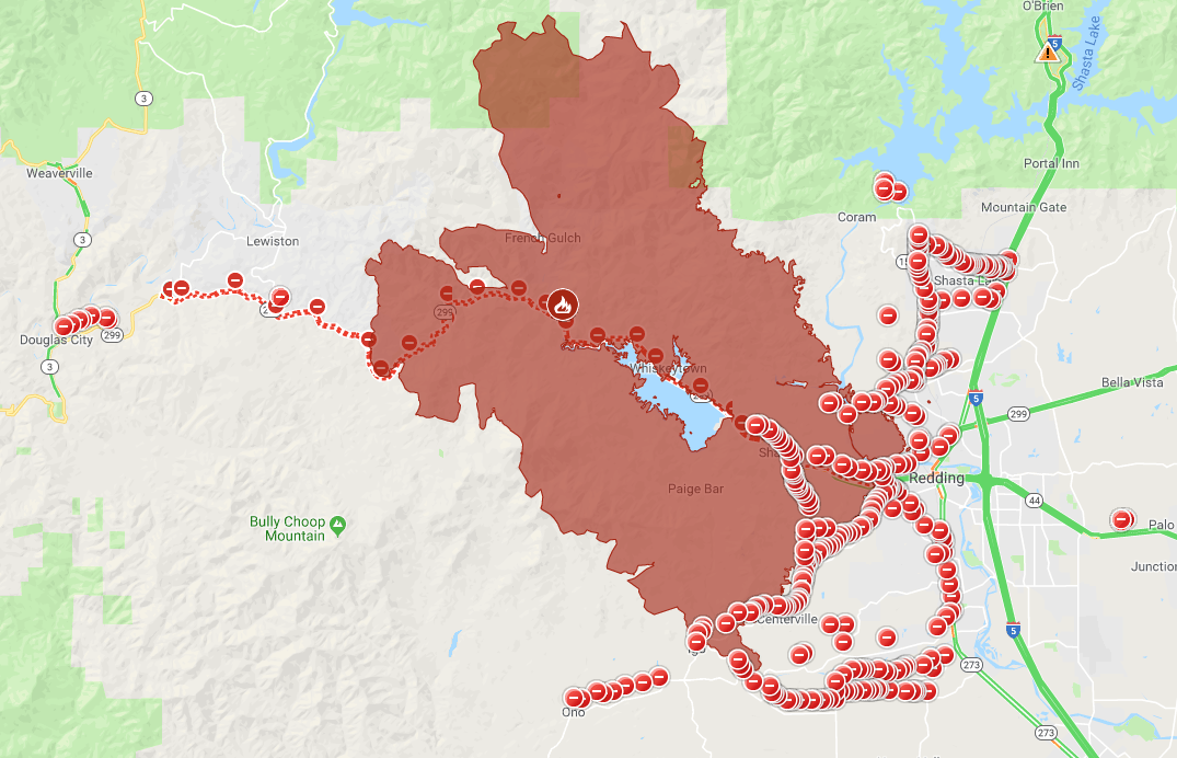 Map of Carr Fire Near Redding, CA (Google Maps)