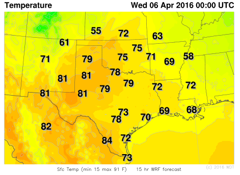 WDT WRF Temperatures 7pm CDT Tuesday, April 5, 2016