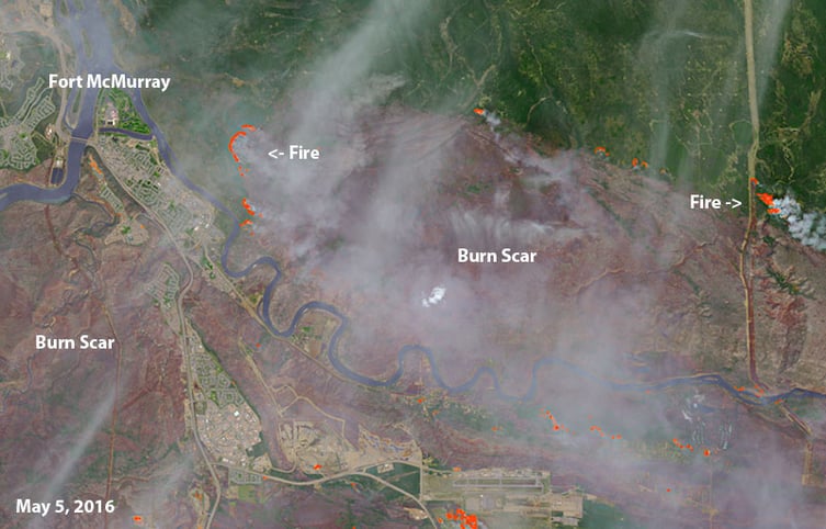Satellite Images of Wildfire in Alberta on May 5, 2016
