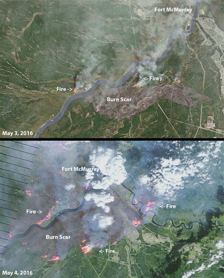 Satellite Images of Wildfire in Alberta on May 3 and 4, 2016