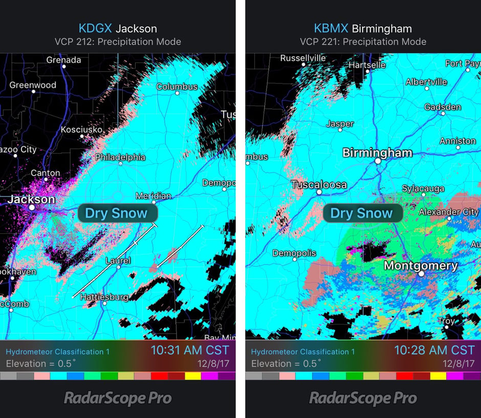 Snow Falling in Mississippi and Alabama - December 8, 2017