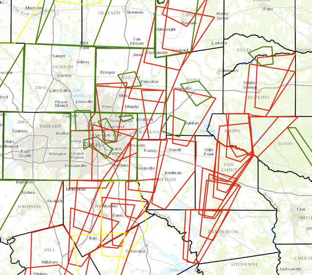 Warning Polygons issued on Dec. 26, 2015 by the NOAA NWS Dallas/Fort Worth Office