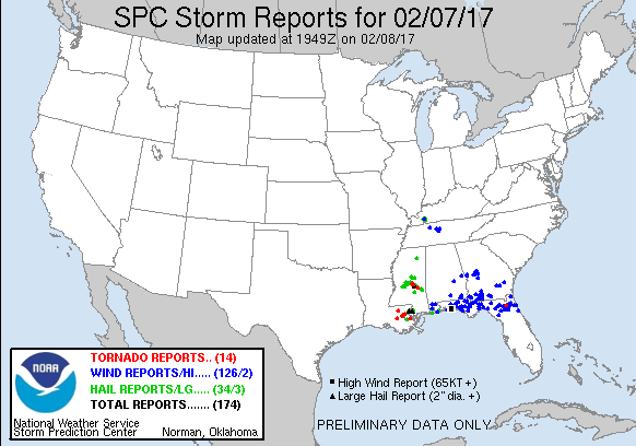 SPC Storm Reports for Feb 7, 2017