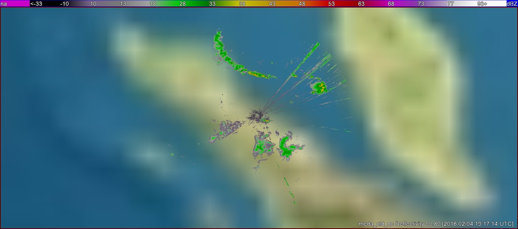 Raw reflectivity from the Medan radar’s 0.8 degree elevation angle in Indonesia