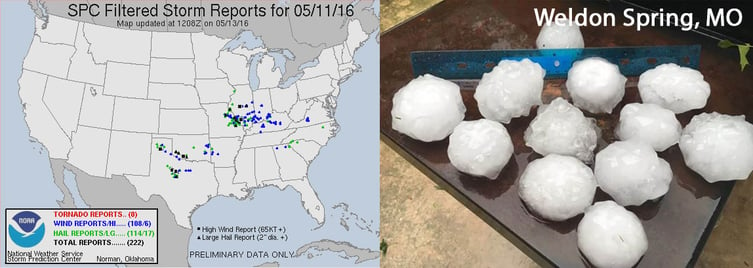 SPC Storm Reports and MO Hail (Photo Credit: @indigojayreads via Twitter)
