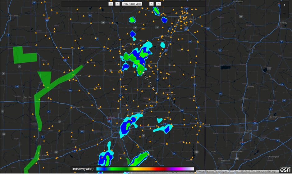 Assets imported into Command Center application from a map service hosted on ArcGIS Online (customer assets — orange triangles).