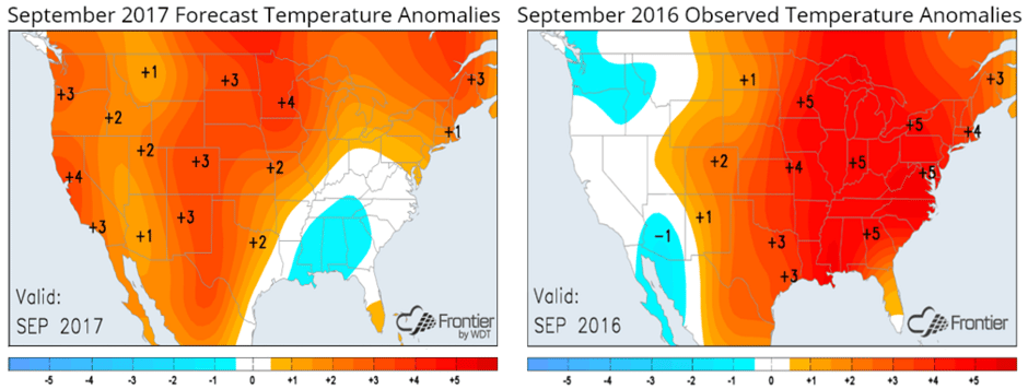 Sept Forecast and Observed Temp Anomalies