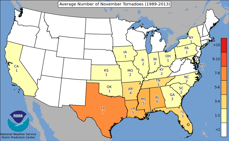 SPC Average Number of Tornadoes in November