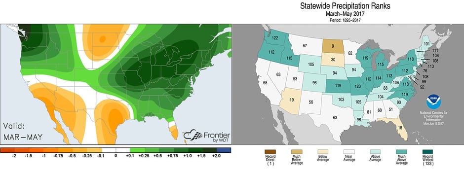 Left: Average precipitation anomalies across the US. Right: State precipitation rankings