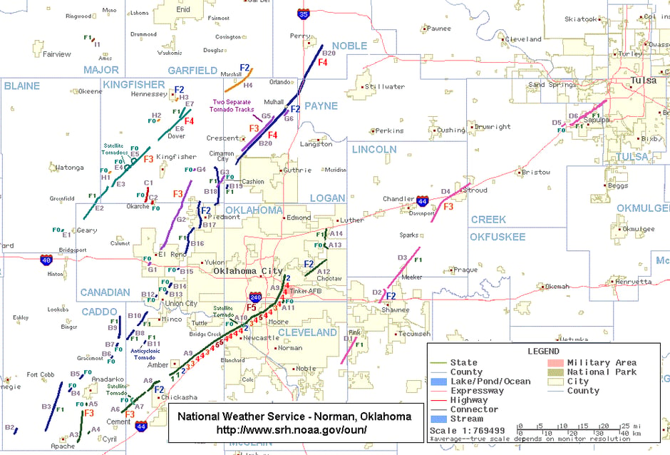 1999 Tornado Track Map Oklahoma (https://en.wikipedia.org/wiki/List_of_tornadoes_in_the_1999_Oklahoma_tornado_outbreak)