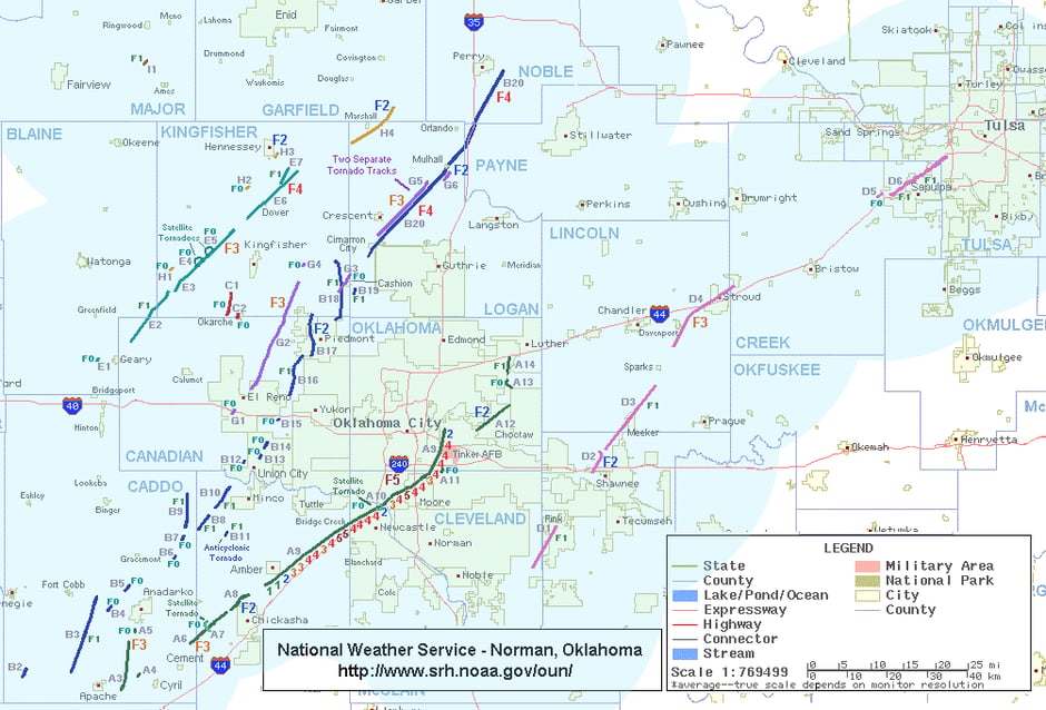1999 Tornado Track Map Oklahoma Coverage Percentage