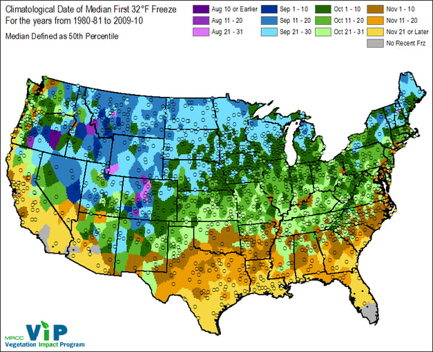 Climatological Date of Median First Freeze