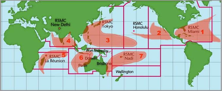 Typical locations for tropical cyclone development and the agencies responsible for them