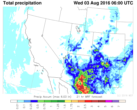 WDT WRF Total Precipitation through Midnight MDT Wednesday, August 3, 2016