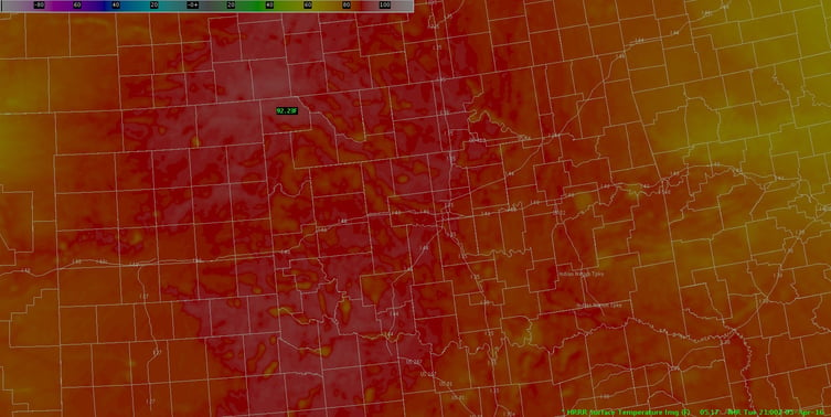 Afternoon high temperatures (F) from the 17Z April 5 2016 run of the high resolution ECMWF