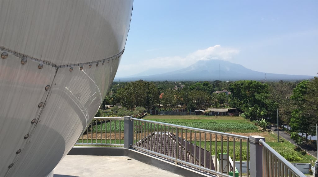 Active volcano Mount Merapi, as seen from the top of the Jogjakarta radar tower.