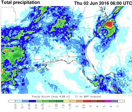 WDT WRF Total Precipitation through 2am EDT Thursday, June 2, 2016