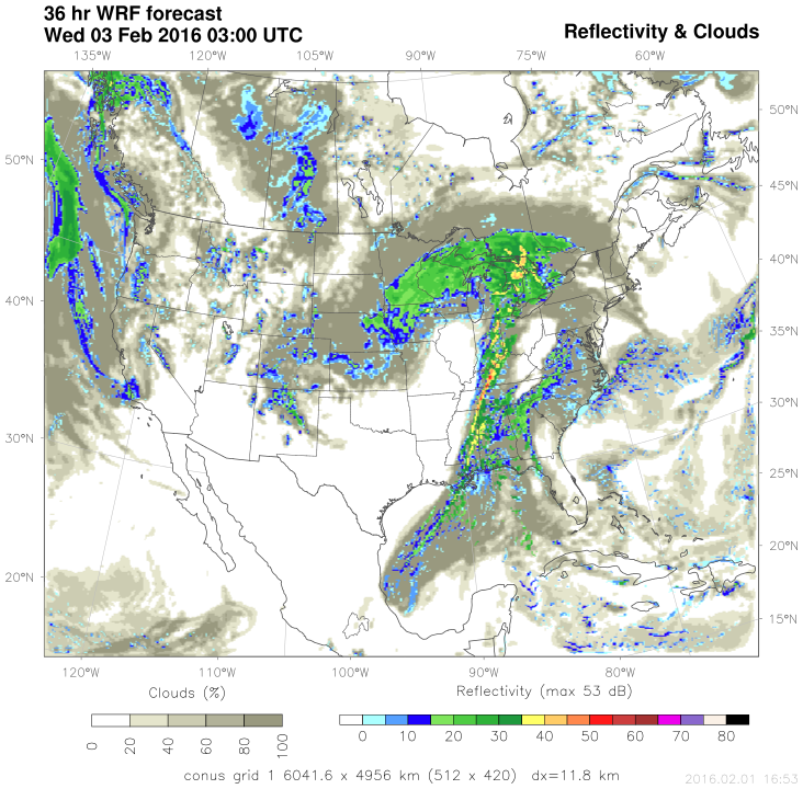 Simulated Radar from the WRF model valid 7 PM CST Tuesday