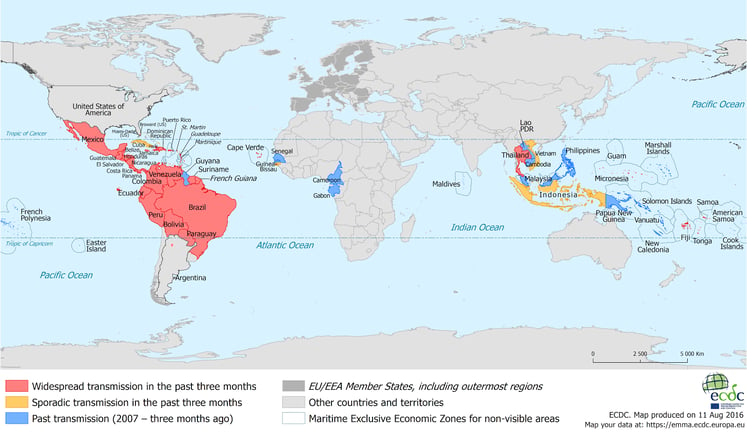 Map of the current Zika outbreak discluding the recent American contractions, courtesy of the ECDC.