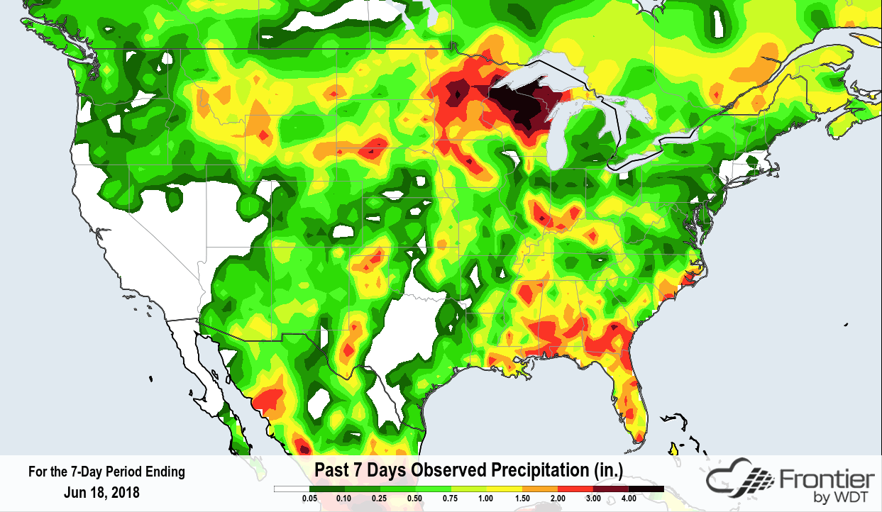 Past 7 Days Precipitation ending on Monday 6/18/18