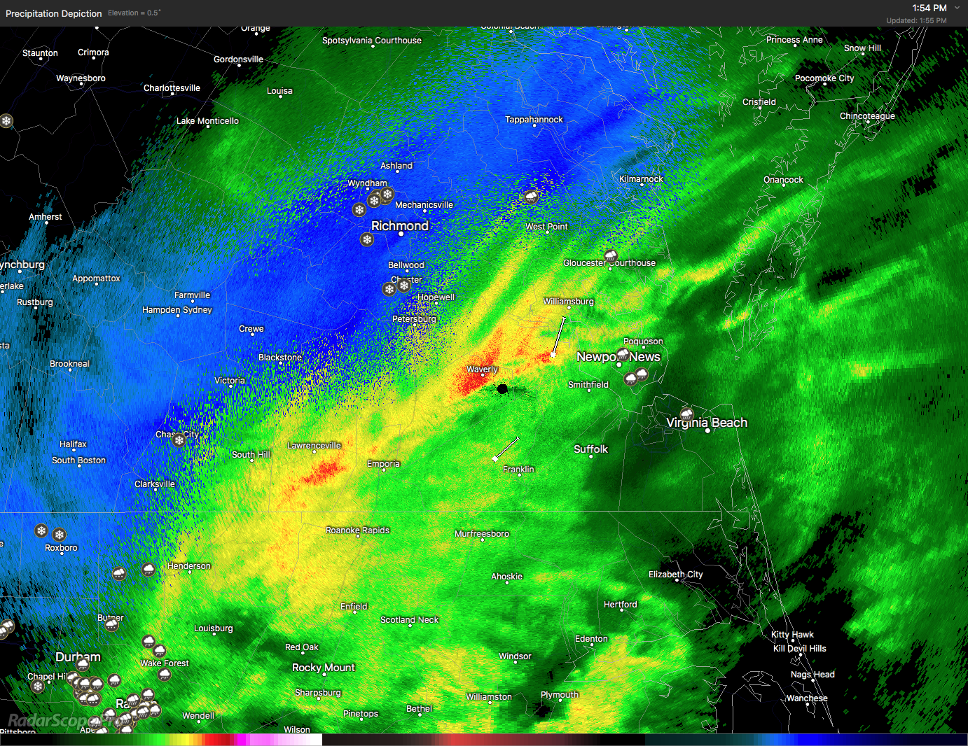 Rain and Snow on RadarScope- March 12, 2018