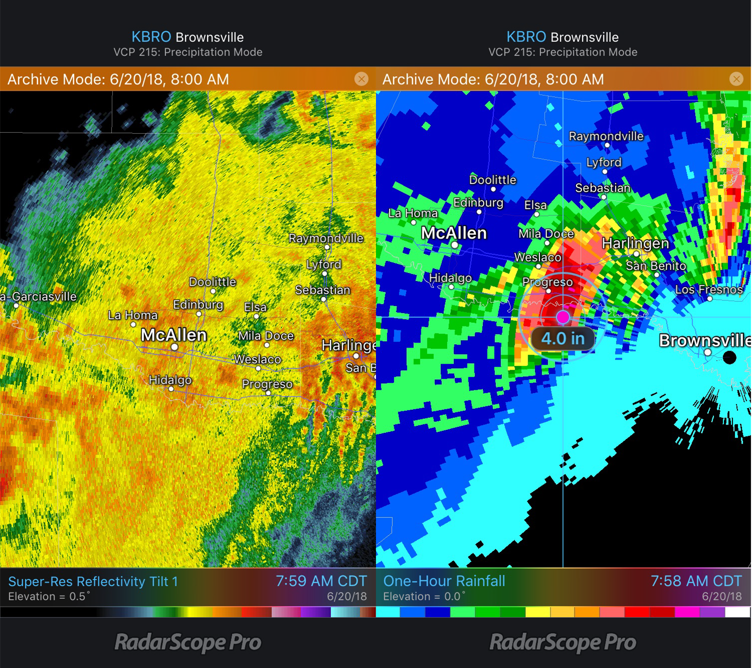 Reflectivity and One Hour Rainfall 6/20/18 8am CDT