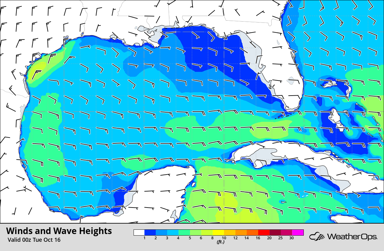 Winds and Wave Heights 7pm CDT Monday, October 15, 2018