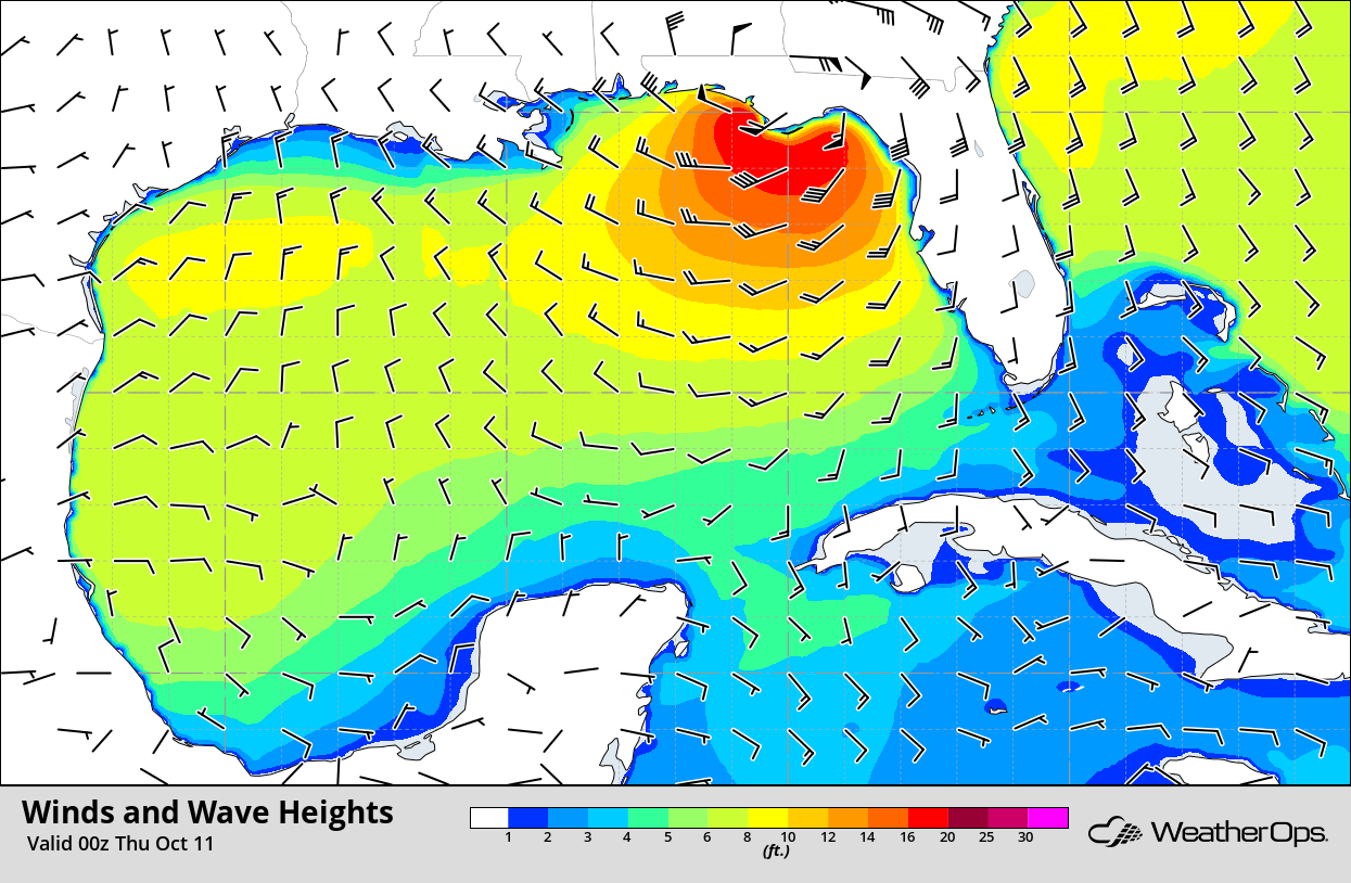 Winds and Wave Heights for 7pm CDT Wednesday, October 10, 2018