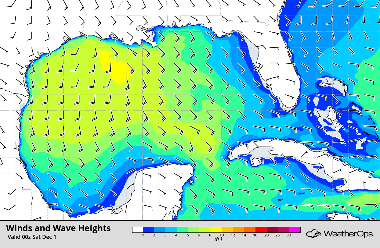Winds and Wave Heights 6pm CST Friday, November 30, 2018