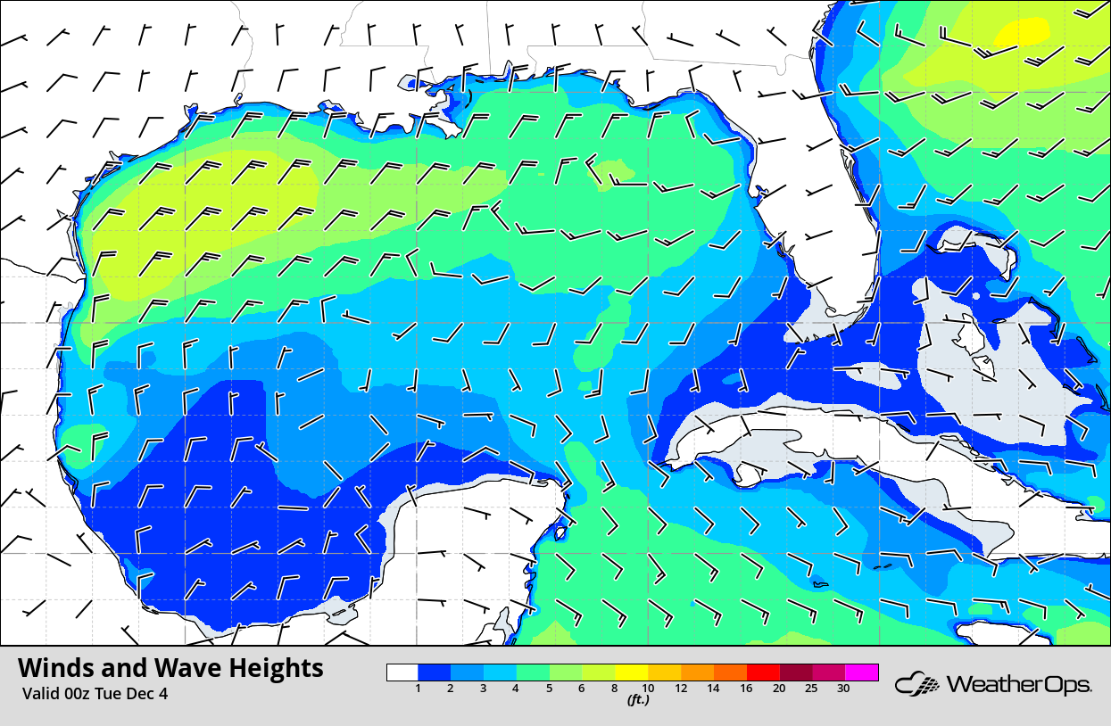 Winds and Wave Heights 6pm CST Monday, December 3, 2018