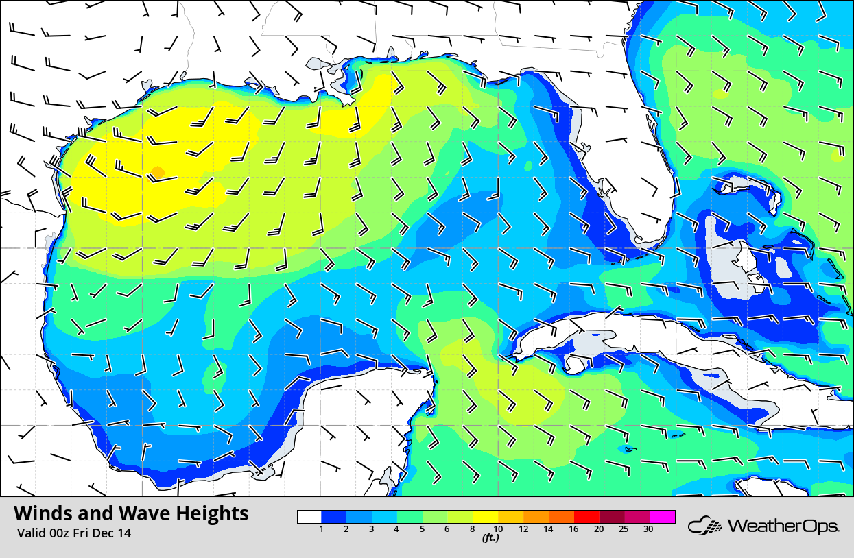 Winds and Wave Heights 6pm CST Thursday, December 13, 2018