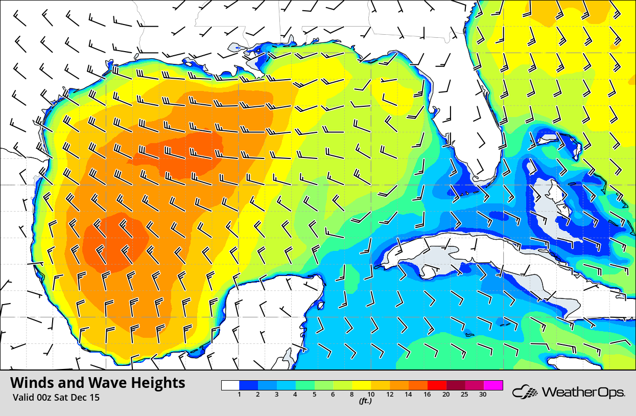Winds and Wave Heights 6pm CST Friday, December 14, 2018