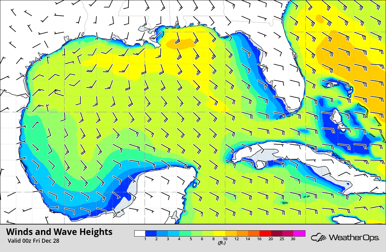Winds and Wave Heights 6pm CST Thursday, December 27, 2018
