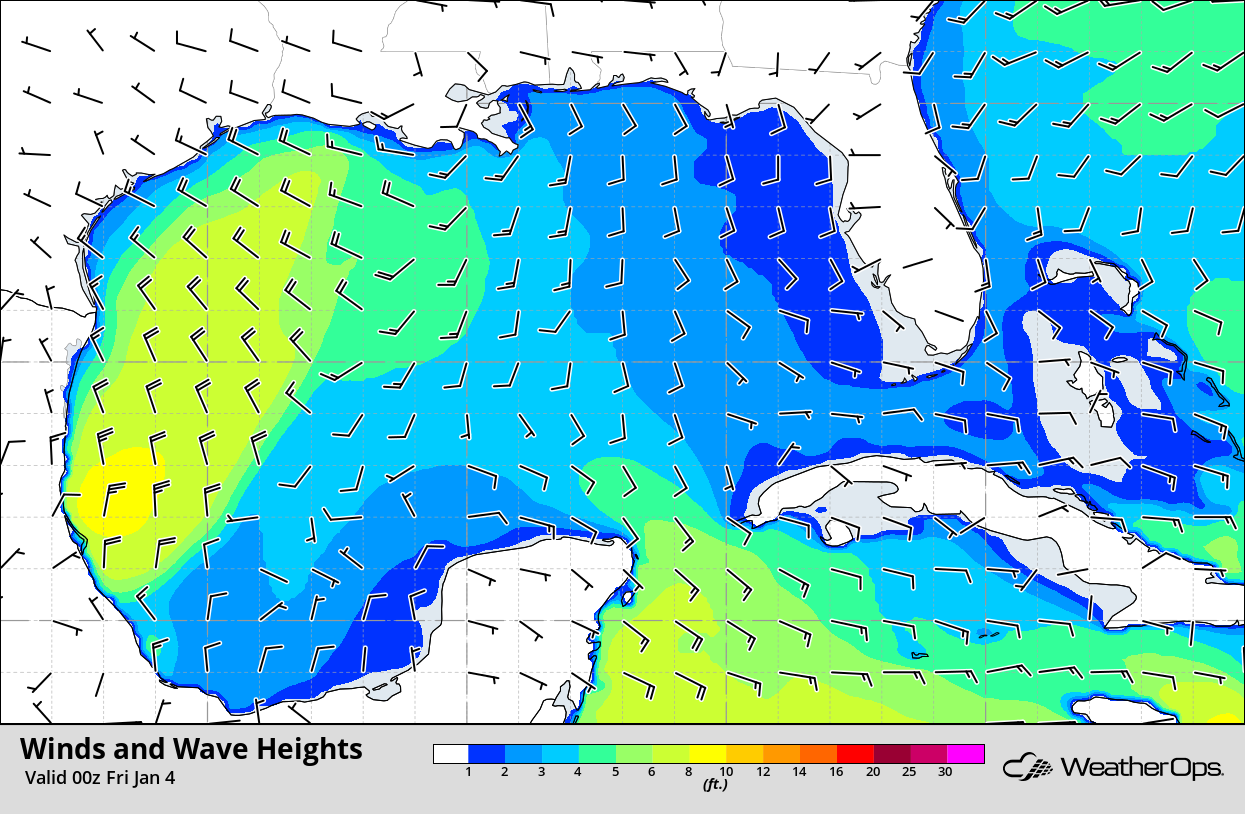 Winds and Wave Heights 6pm CST Thursday, January 3, 2018