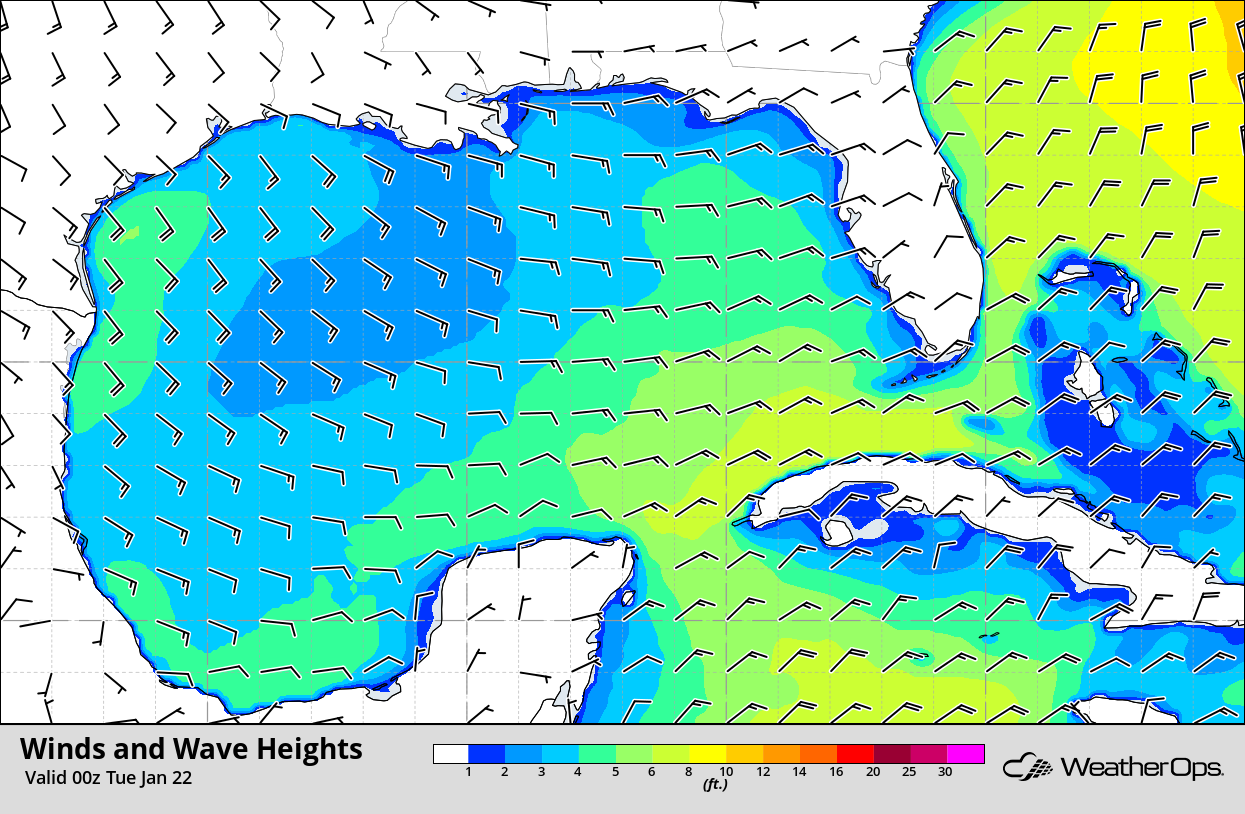 Winds and Wave Heights 6pm CST Monday, January 21, 2019
