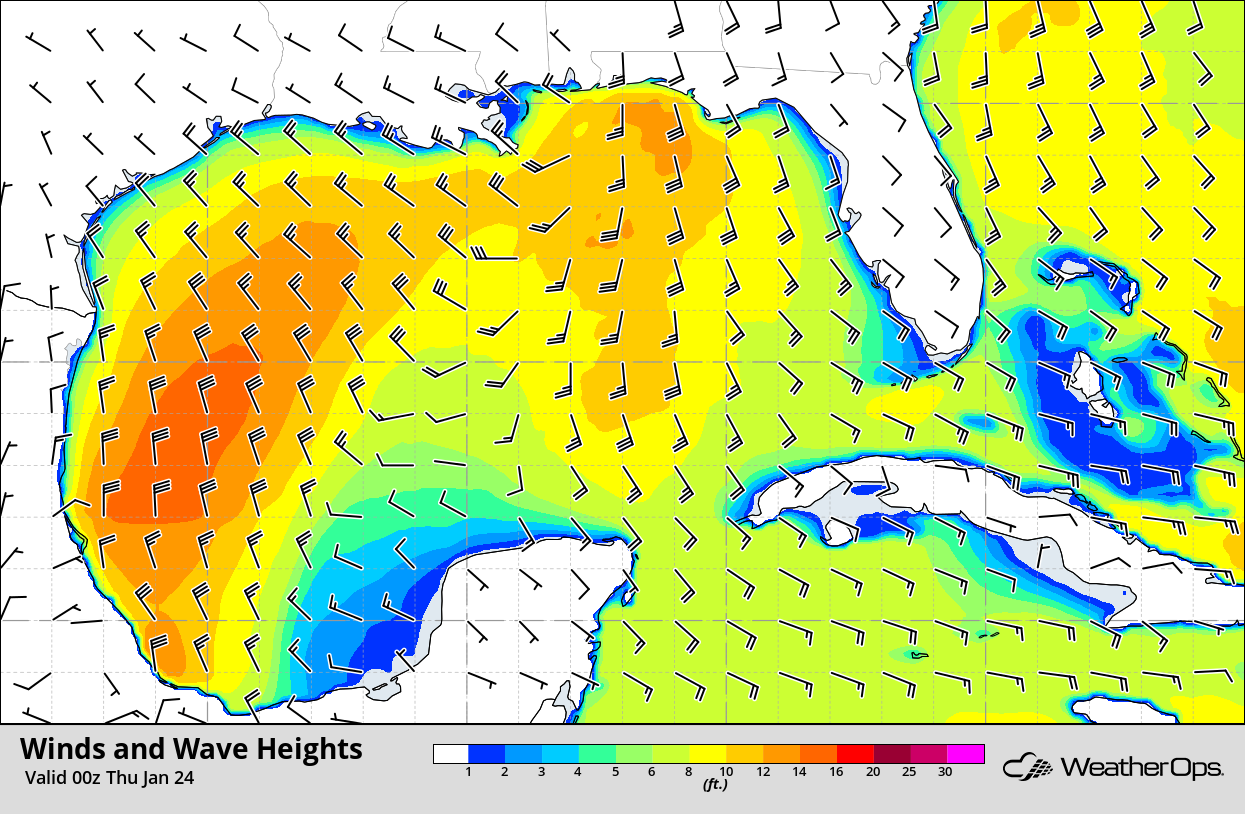 Winds and Wave Heights 6pm CST Wednesday, January 23, 2019