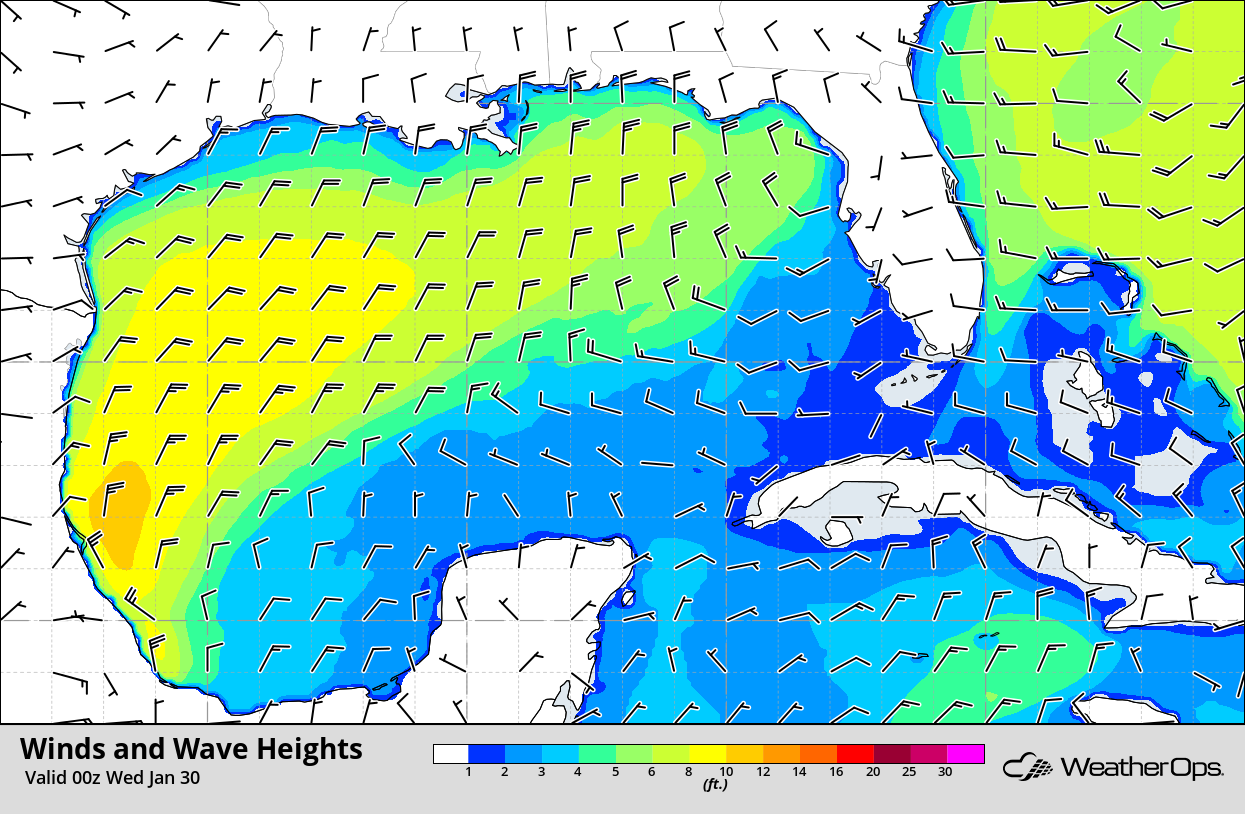 Winds and Wave Heights 6pm CST Tuesday, January 29, 2019