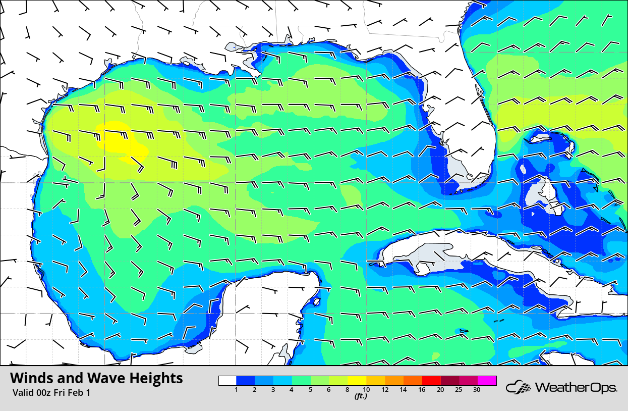 Wind and Wave Heights 6pm CST Thursday, January 31, 2019