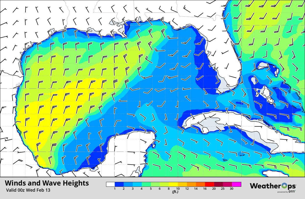 Winds and Wave Heights 6pm CST Tuesday, February 12, 2019