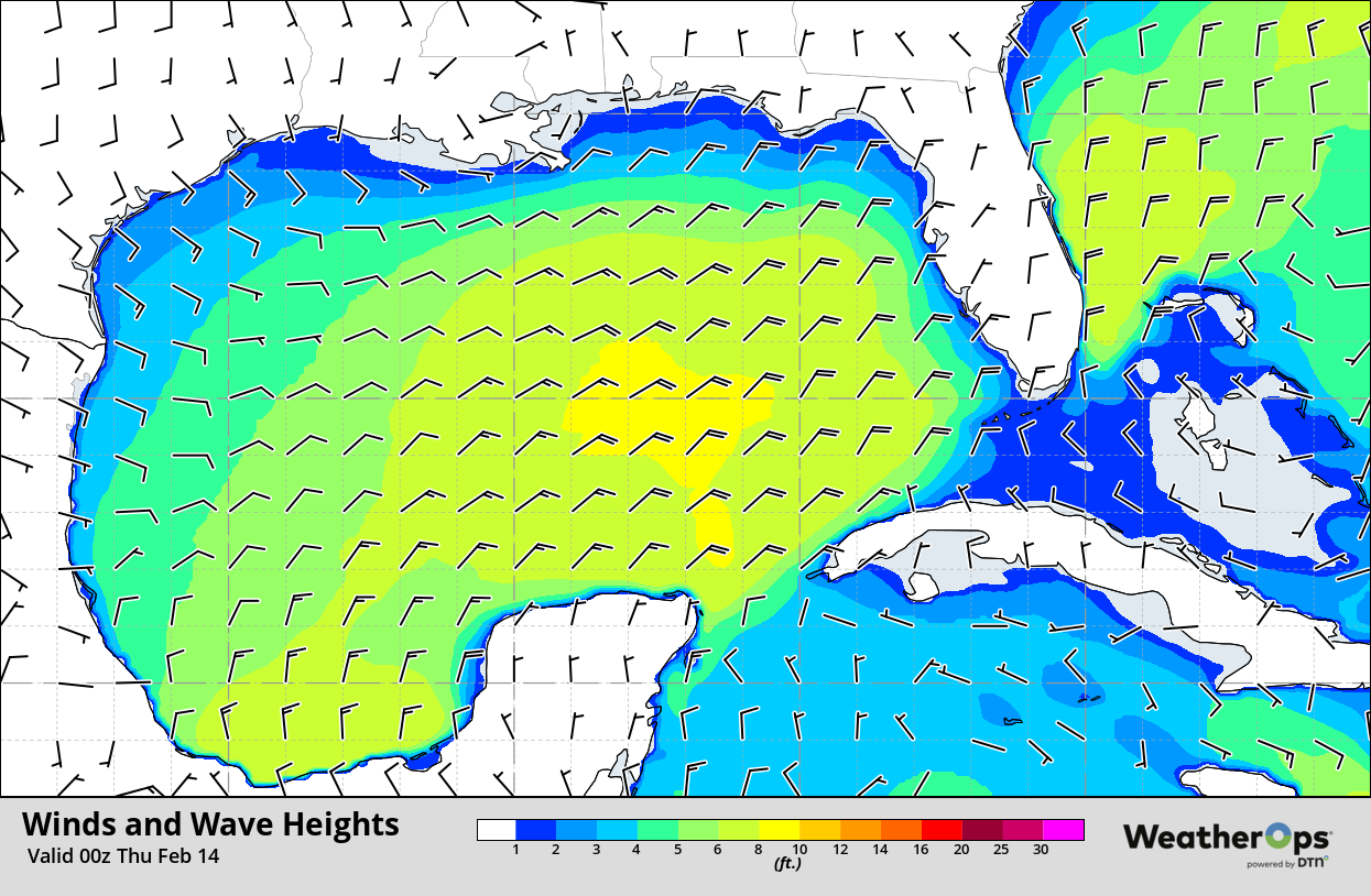 Wind and Wave Heights 6pm CST Wednesday, February 13, 2019