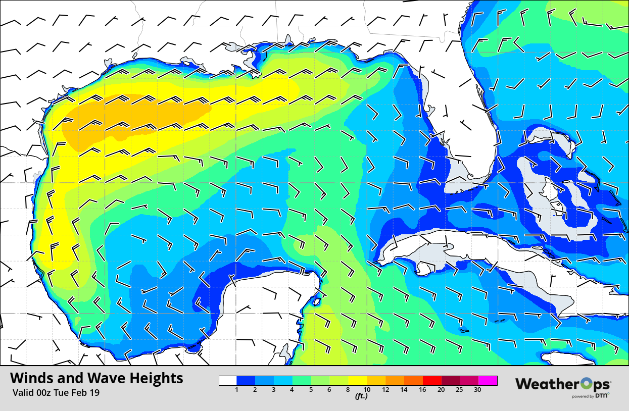 Winds and Wave Heights 6pm CST Monday, February 18, 2019