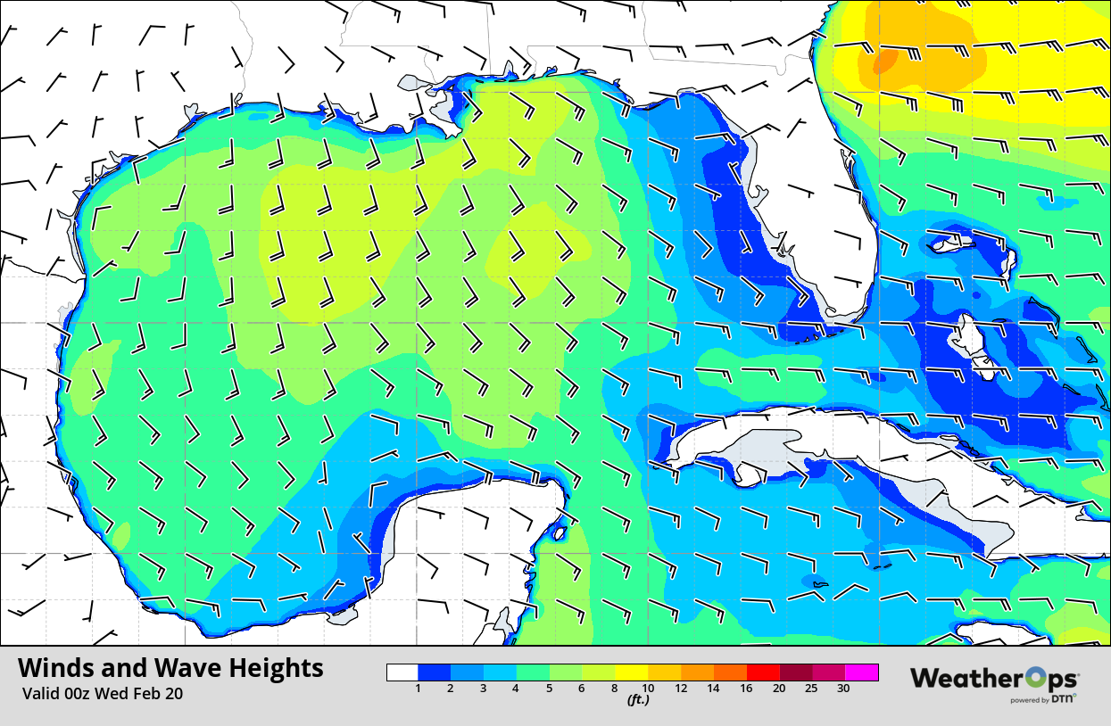 Winds and Wave Heights 6pm CST Tuesday, February 19, 2019