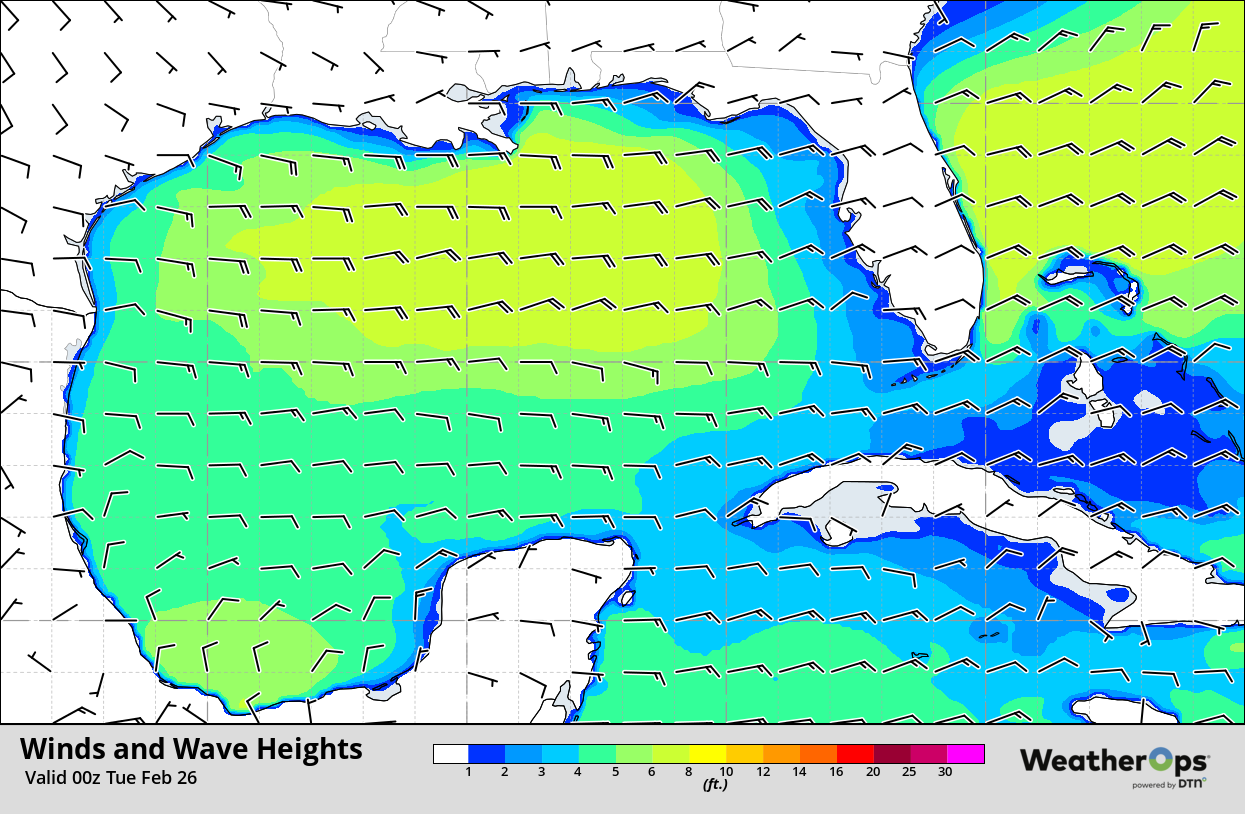 Winds and Wave Heights 6pm CST Monday, February 25, 2019