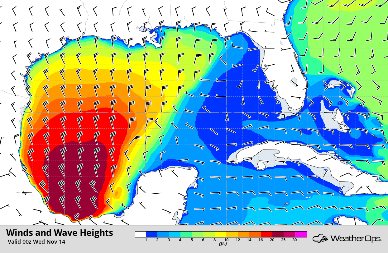 Winds and Wave Heights 6pm CST Tuesday, November 13, 2018