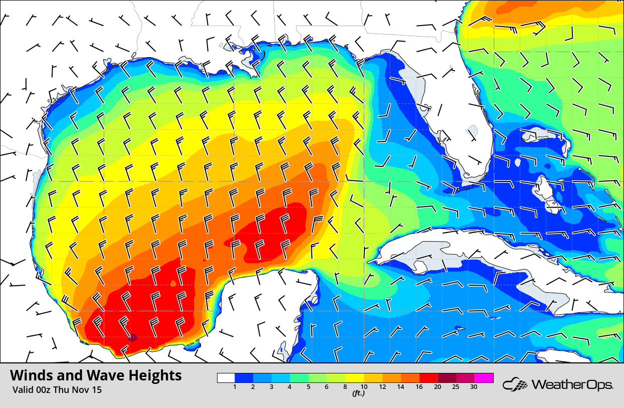 Winds and Wave Heights 6pm CST Wednesday, November 14, 2018