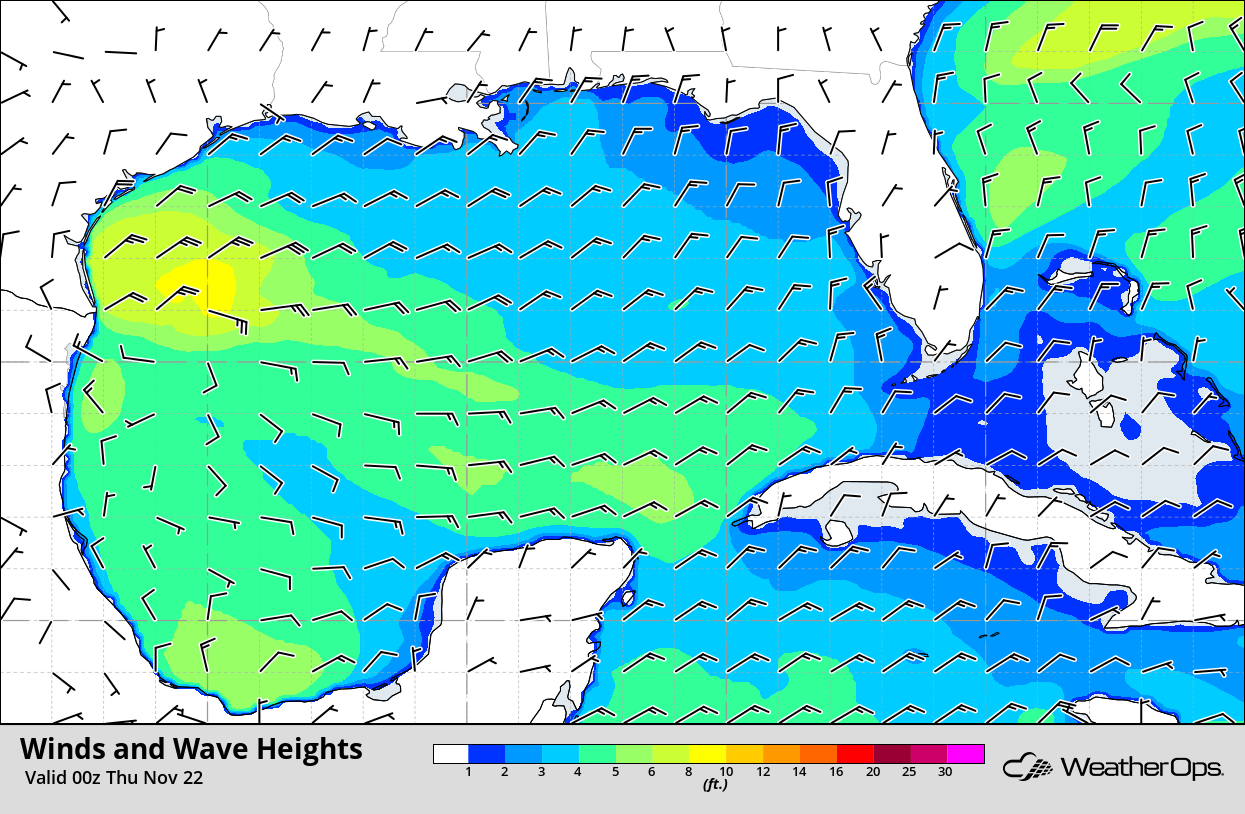 Winds and Wave Heights 6pm CST Wednesday, November 21, 2018