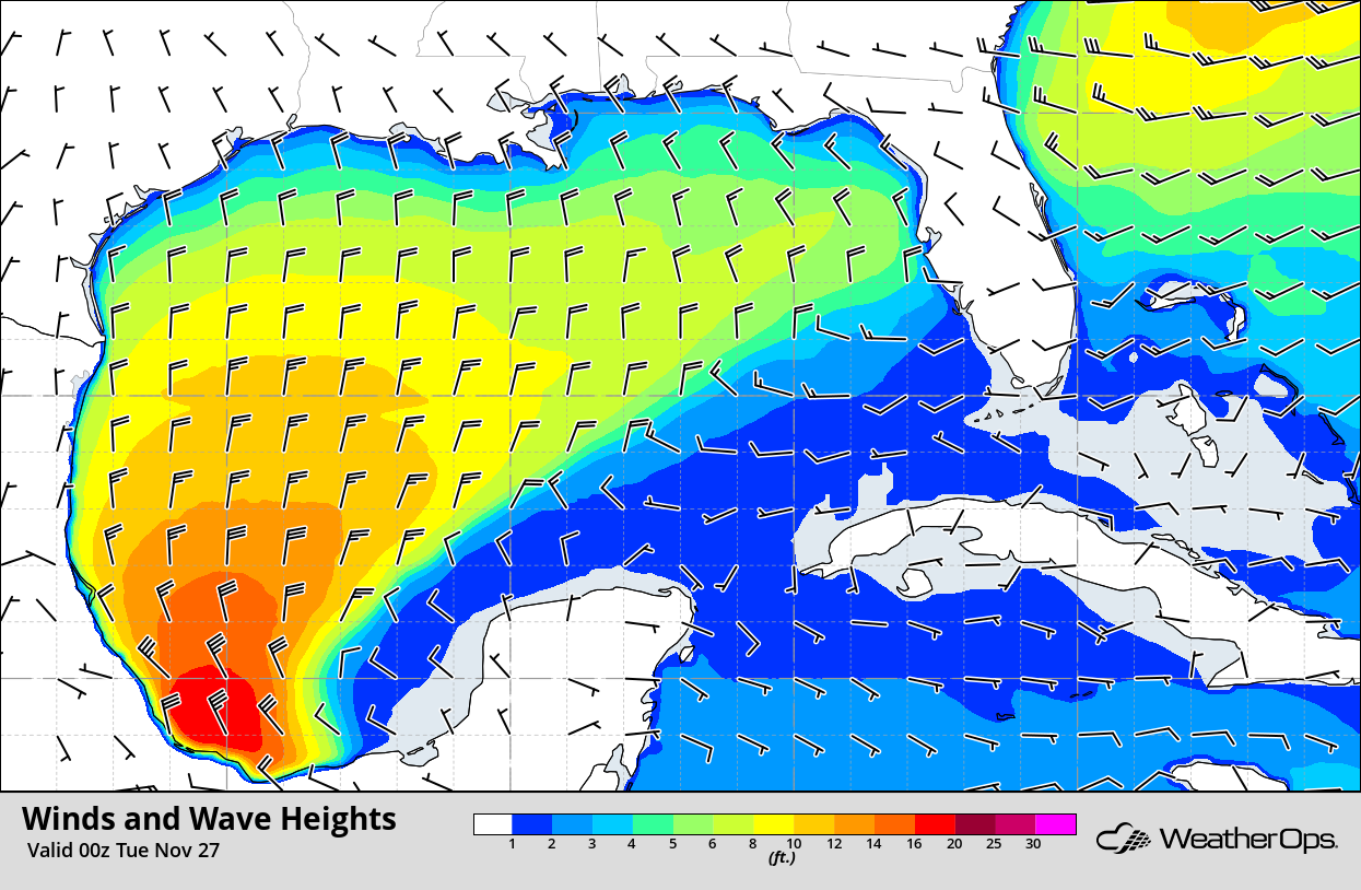 Winds and Wave Heights 6pm CST Monday, November 26, 2018